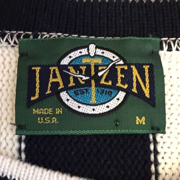 Jantzen Mens Size M Pullover Sweater Golf Embroidered Blue White Stripe VINTAGE - Picture 6 of 8